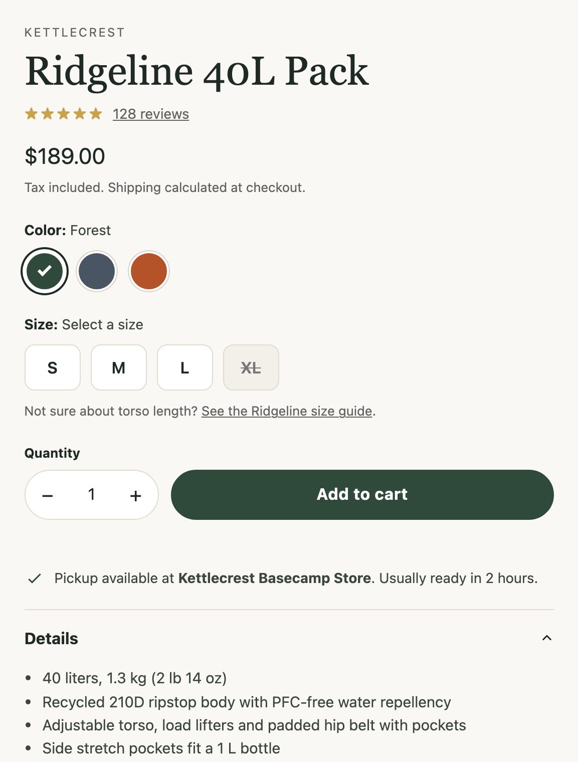 Demo product page after fixes, with a Quantity label, a checked color swatch and named controls.