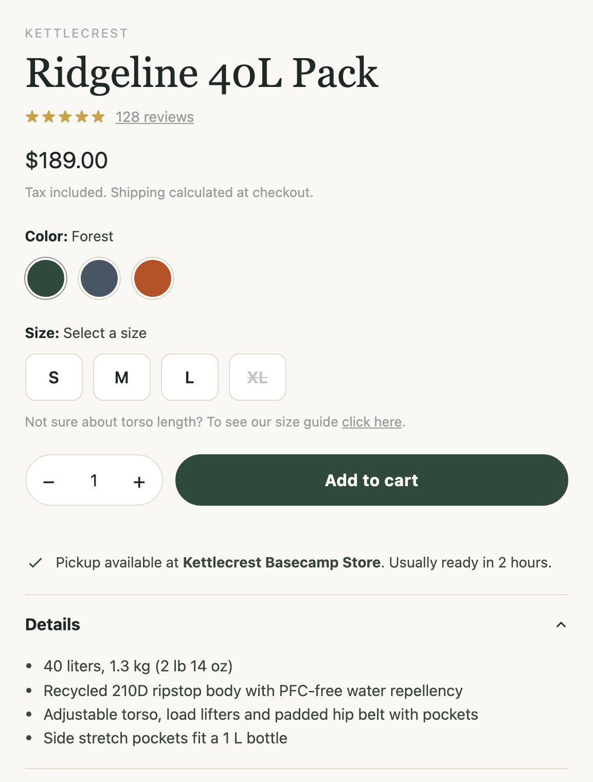 Demo product page before fixes, showing color swatches, size buttons, quantity and Add to cart.